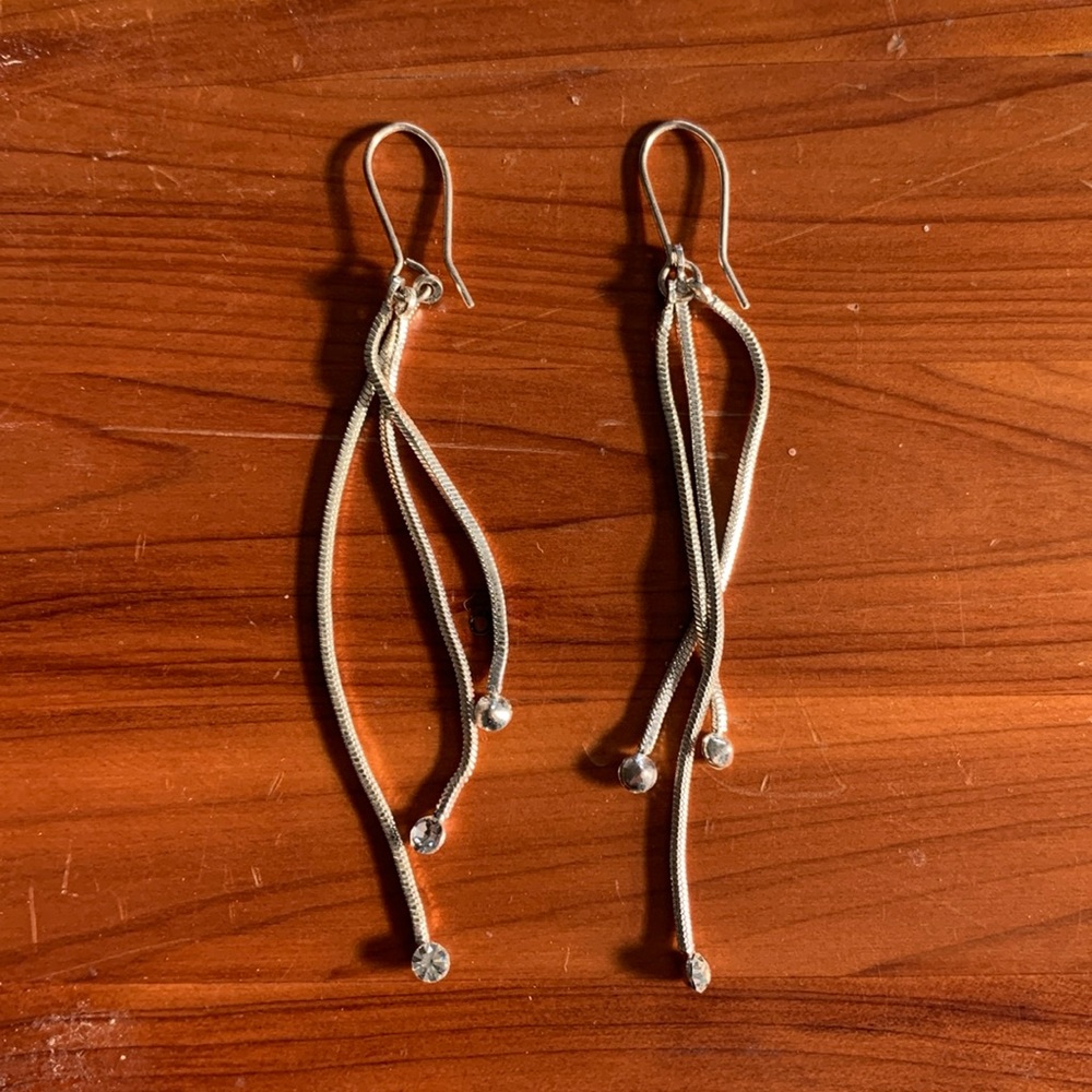 Sterling Silver Polished 3-Strand Dangle Earrings with Rhinestones.